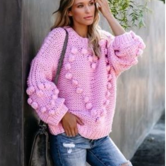 POL Sweaters - POL Pink Pom Heart Oversized Crochet Sweater NWOT